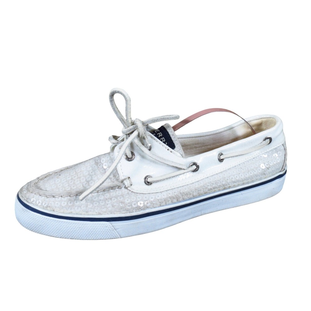Sperry Bahama Sequin Womens Boat Shoe Sneaker Size 8.5 Nautical White Silver